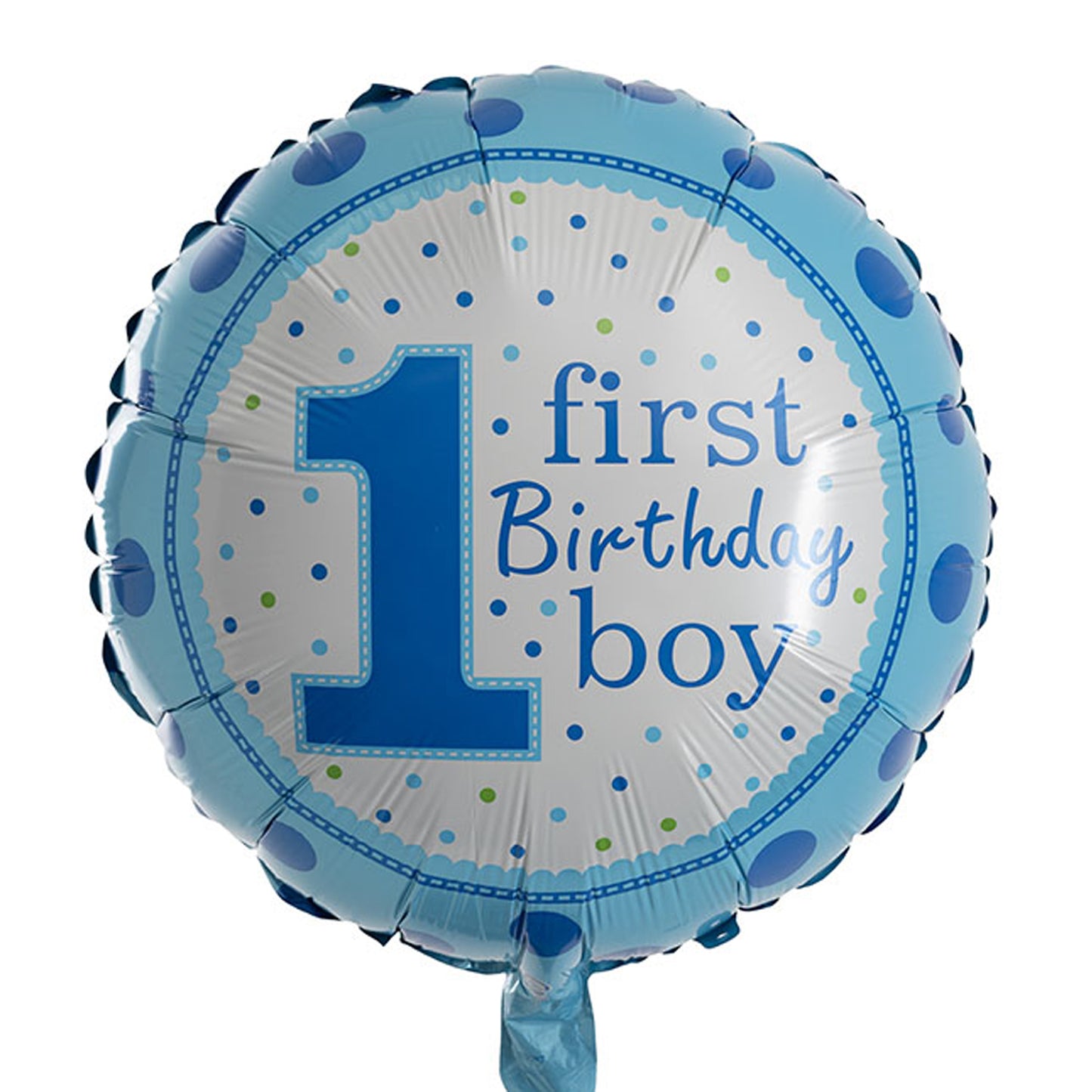 Blue 18-Inch Printed 1st First Birthday Boy Polka Foil Balloon. Ideal for birthdays, baby showers, and event decorations, it adds a delightful touch to your loved one's special day.