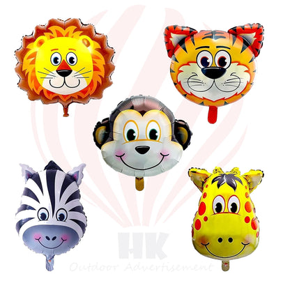 HK balloons presents a set of 5pcs 32-inch foil balloons featuring tiger, lion, zebra, monkey, and giraffe designs, perfect for child birthday parties and adorable baby shower decorations.