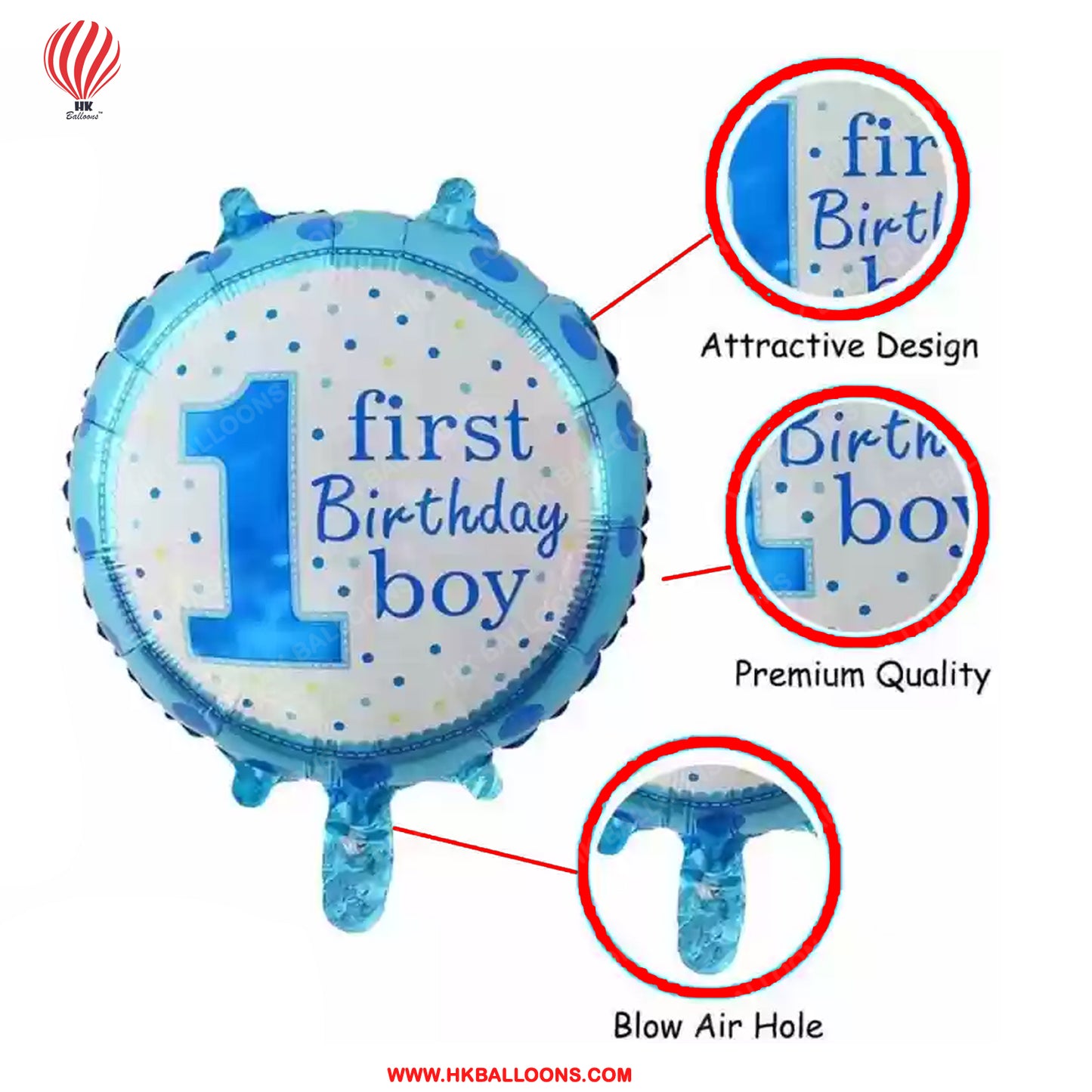 Blue 18-Inch Printed 1st First Birthday Boy Polka Foil Balloon. Ideal for birthdays, baby showers, and event decorations, it adds a delightful touch to your loved one's special day.