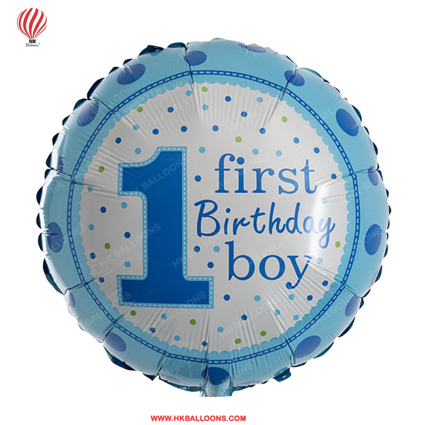 Blue 18-Inch Printed 1st First Birthday Boy Polka Foil Balloon. Ideal for birthdays, baby showers, and event decorations, it adds a delightful touch to your loved one's special day.