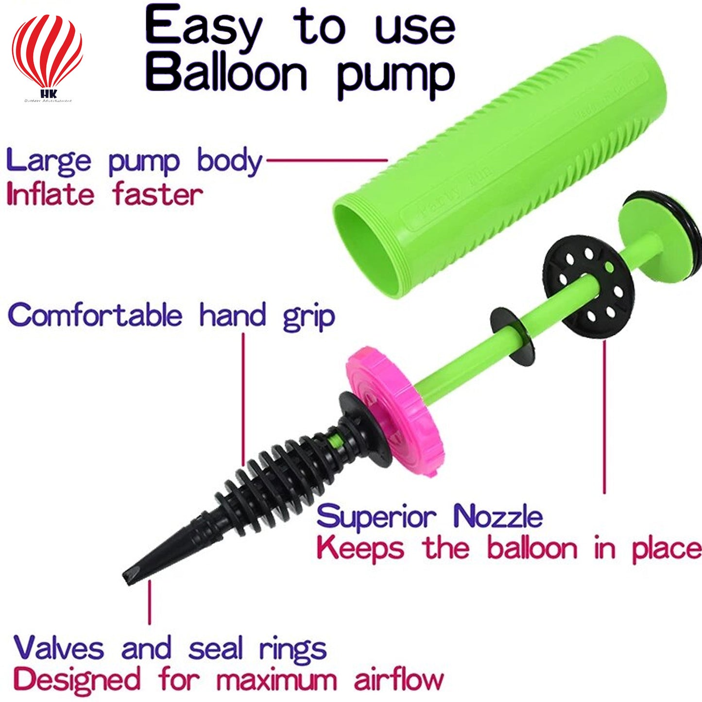 HK balloons Handheld Balloon Pump Dual-action inflator for balloons, exercise balls, yoga balls, and pool floats.