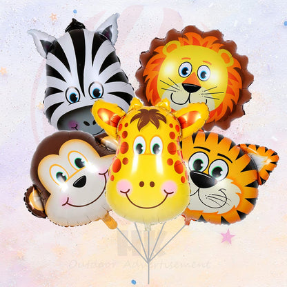 HK balloons presents a set of 5pcs 32-inch foil balloons featuring tiger, lion, zebra, monkey, and giraffe designs, perfect for child birthday parties and adorable baby shower decorations.