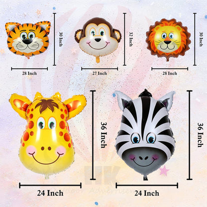 HK balloons presents a set of 5pcs 32-inch foil balloons featuring tiger, lion, zebra, monkey, and giraffe designs, perfect for child birthday parties and adorable baby shower decorations.