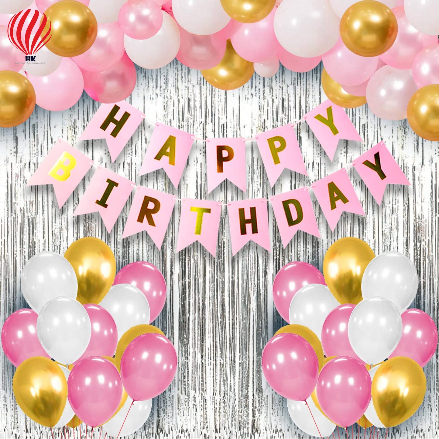 HK balloons Happy Birthday Decorations For Girls - 34 Pcs Pink Happy Birthday Decoration For Girls|Pink And Golden Balloons For Birthday Decoration|Happy Birthday Bunting|Foil Curtain For Girls, Women