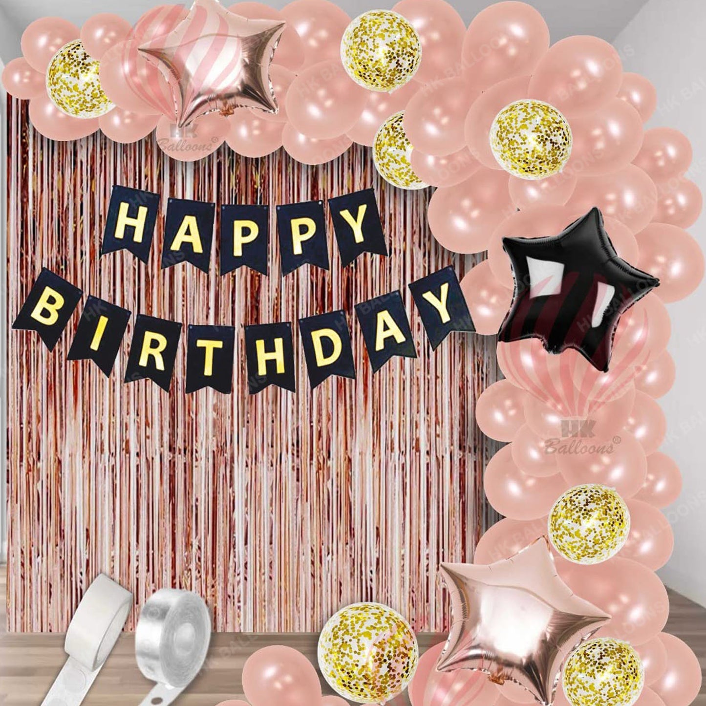 HK balloons Pack of 66 Pcs Rose gold Happy Birthday Banner Decoration items Kit Set with metallic balloons confetti ,star foil balloons and foil curtains for girls boys