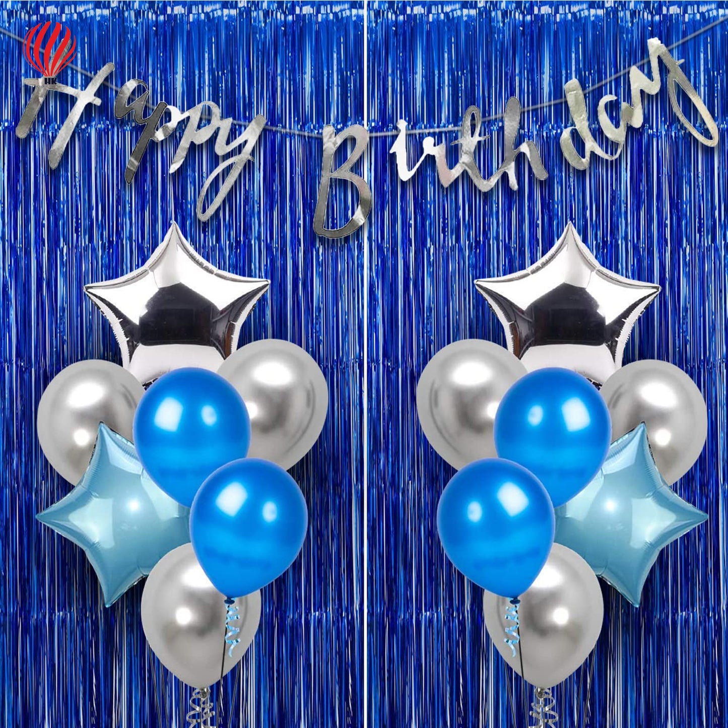 HK balloons Happy Birthday Decorations for Boys - Silver Foil Banner (cardstock), Blue Foil Curtain,Star Foil Balloons, Metallic Balloons, Decoration Items for Birthday 17Pcs