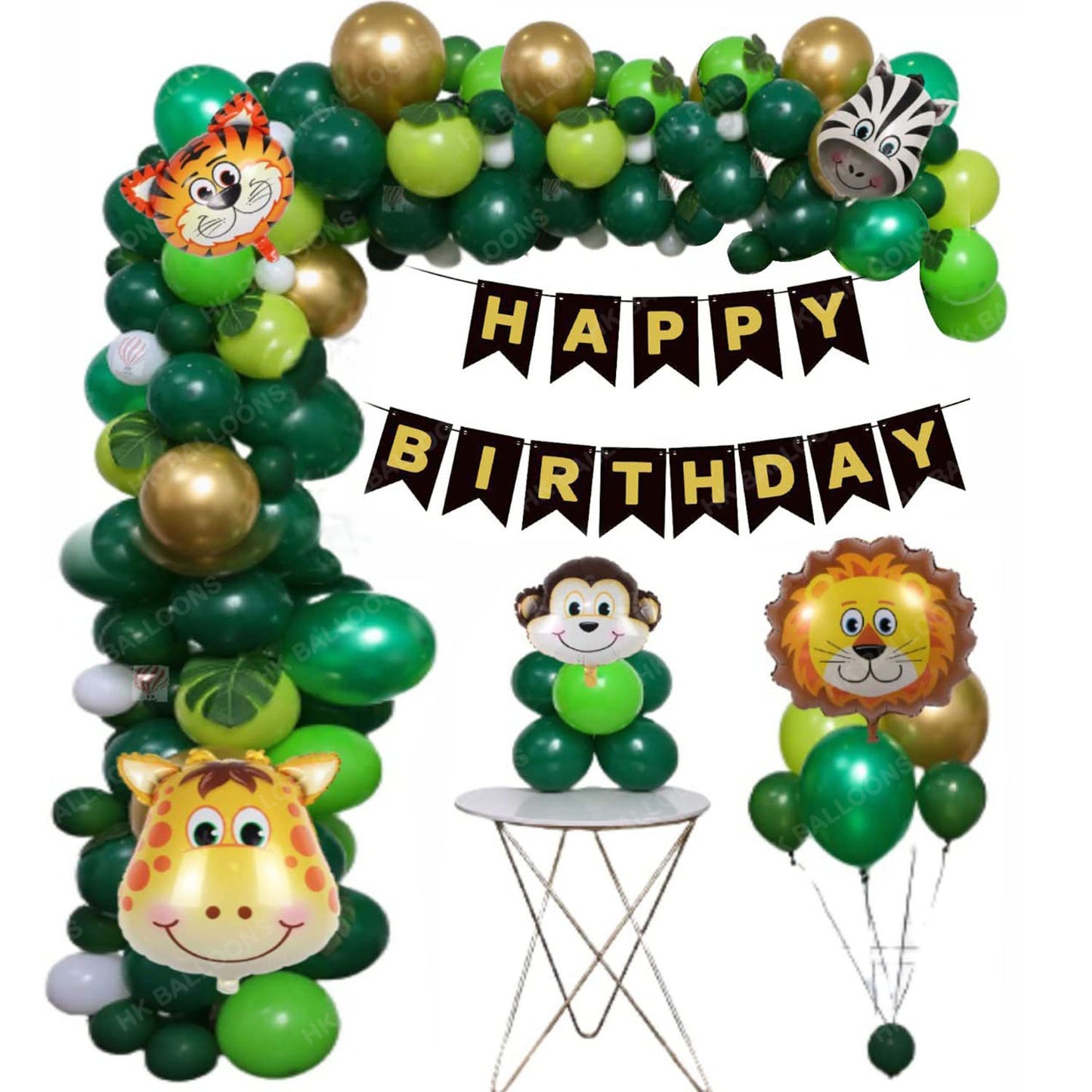 HK Balloons Jungle Animal Forest Theme Birthday Party Decorations Item Kit for boys- 104 Pcs Combo - Animal Face Shape Foil, Chrome Rubber Balloons - Jungle Theme Birthday Decoration Set