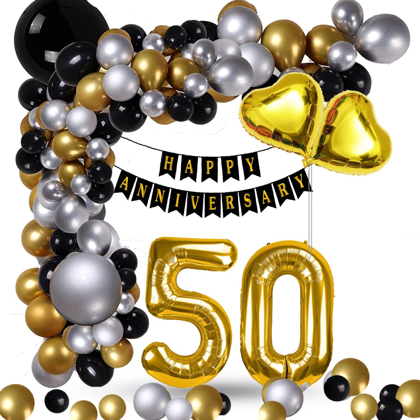 HK-balloons-50th Anniversary Decoration Items Kit for Home /Golden Jubilee Decor for Parents Couples /Happy Anniversary Bunting Banner, Golden and Silver Metallic Balloons, Heart Foil(Pack of 50pcs)