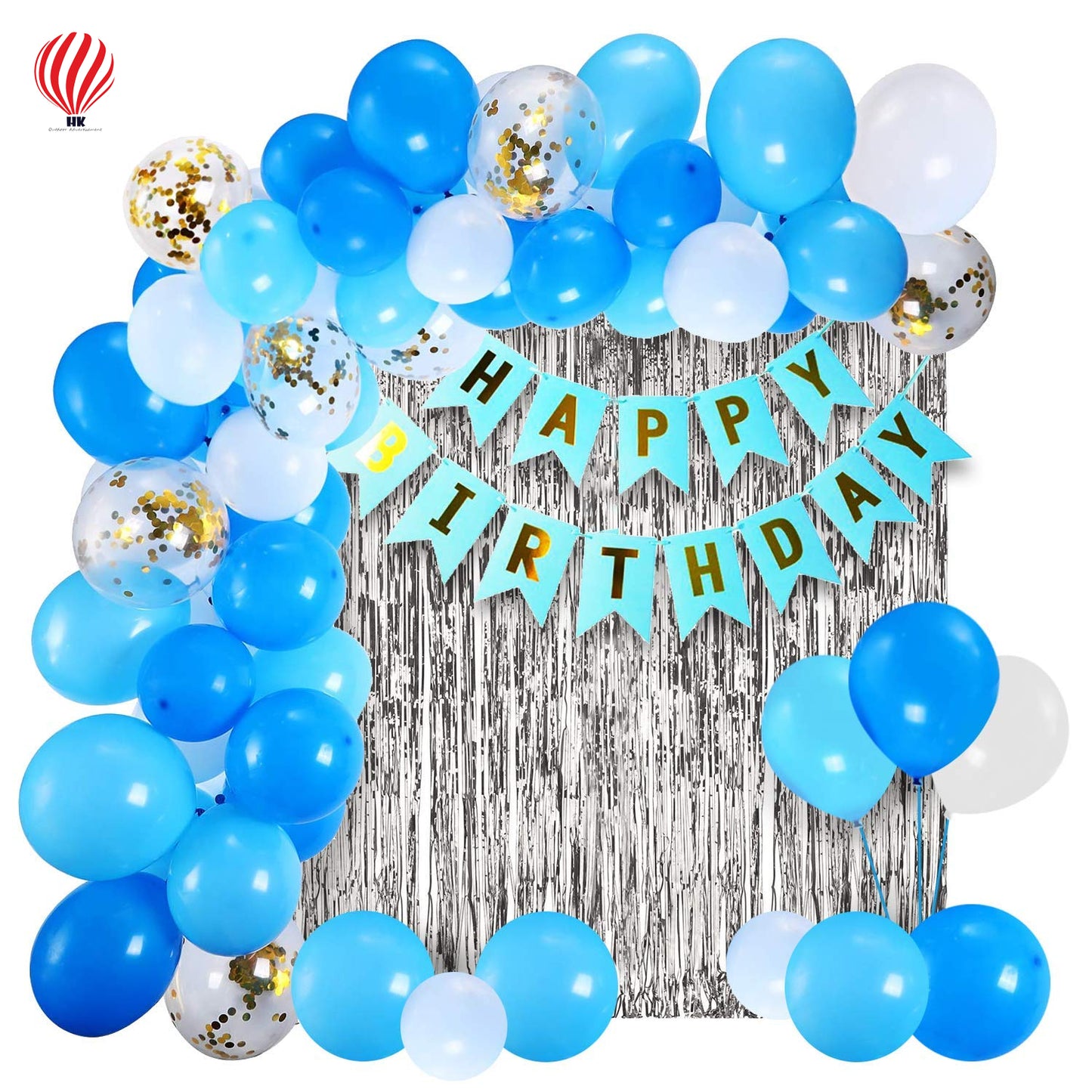 HK balloons Birthday Decorations kit for Boys - 42 Pcs Blue Happy Birthday Banner (cardstock) Silver Foil Curtain Metallic Rubber Confetti Balloons for Boys Adult Husband / Birthday Decoration