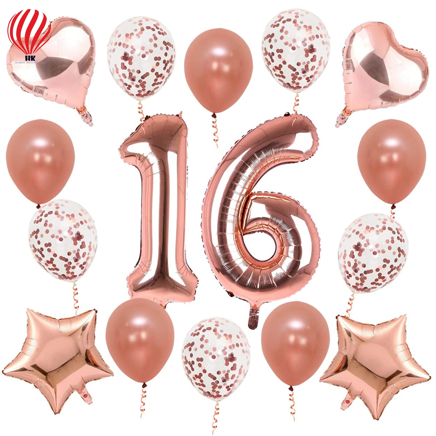 HK balloons 16 Birthday Decoration For Girls - 6 Number, Confetti, Star & Heart Foil Balloons & Metallic Balloon Combo Set | Birthday Decoration Items 16 Year Girl | Sweet 16 Birthday Decoration