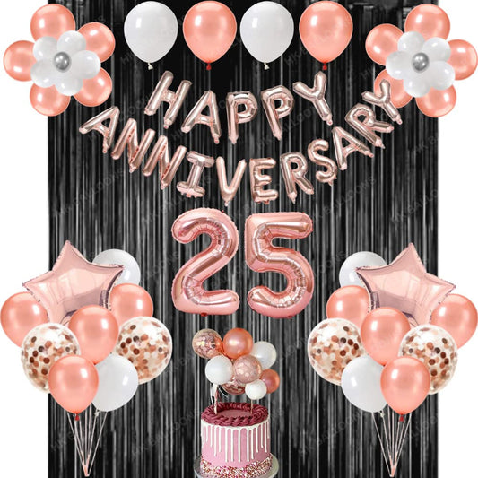 HK balloons 25 Anniversary Decoration Items Happy 25th Anniversary Decoration Kit with Balloon Cake Topper Black Foil Curtain Photo Shoot Backdrop (Pack of 54, Rose Gold & Black)