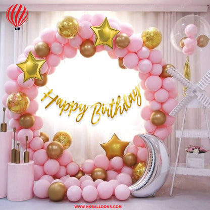 HK Balloons 65 pc Pastel Pink Birthday balloon Decoration Kit Pink Gold Balloons Combo with Birthday Card Stock Paper Banner, balloon Arch stirp, Glue Dot, Balloon Pump for girls Birthday Decorations