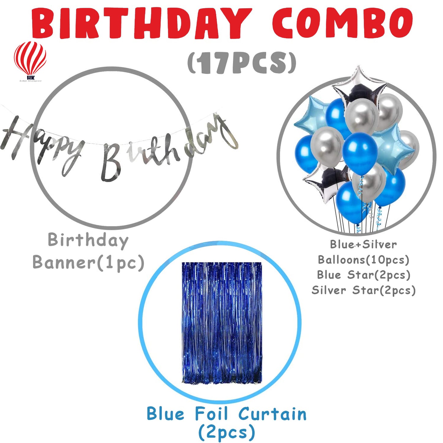 HK balloons Happy Birthday Decorations for Boys - Silver Foil Banner (cardstock), Blue Foil Curtain,Star Foil Balloons, Metallic Balloons, Decoration Items for Birthday 17Pcs