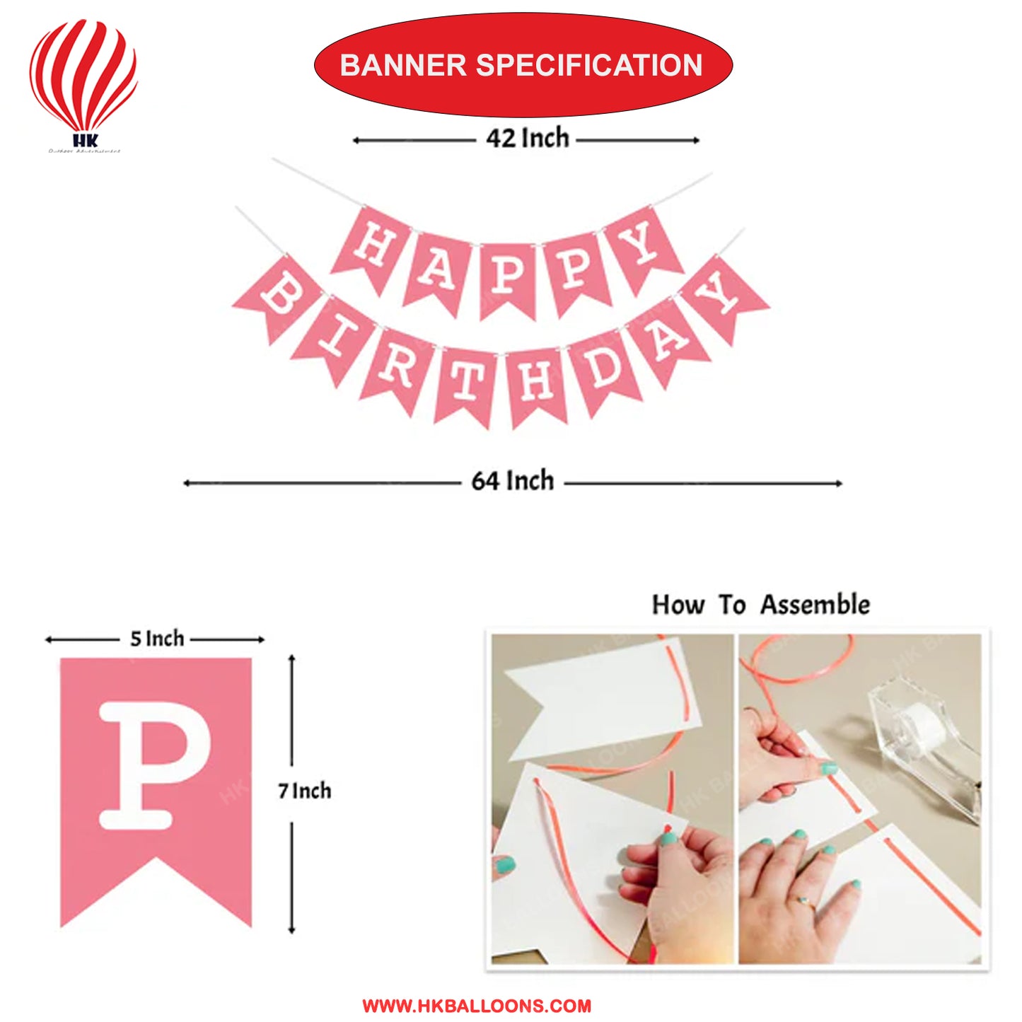 HK balloons Pink Paper Happy Birthday Banner