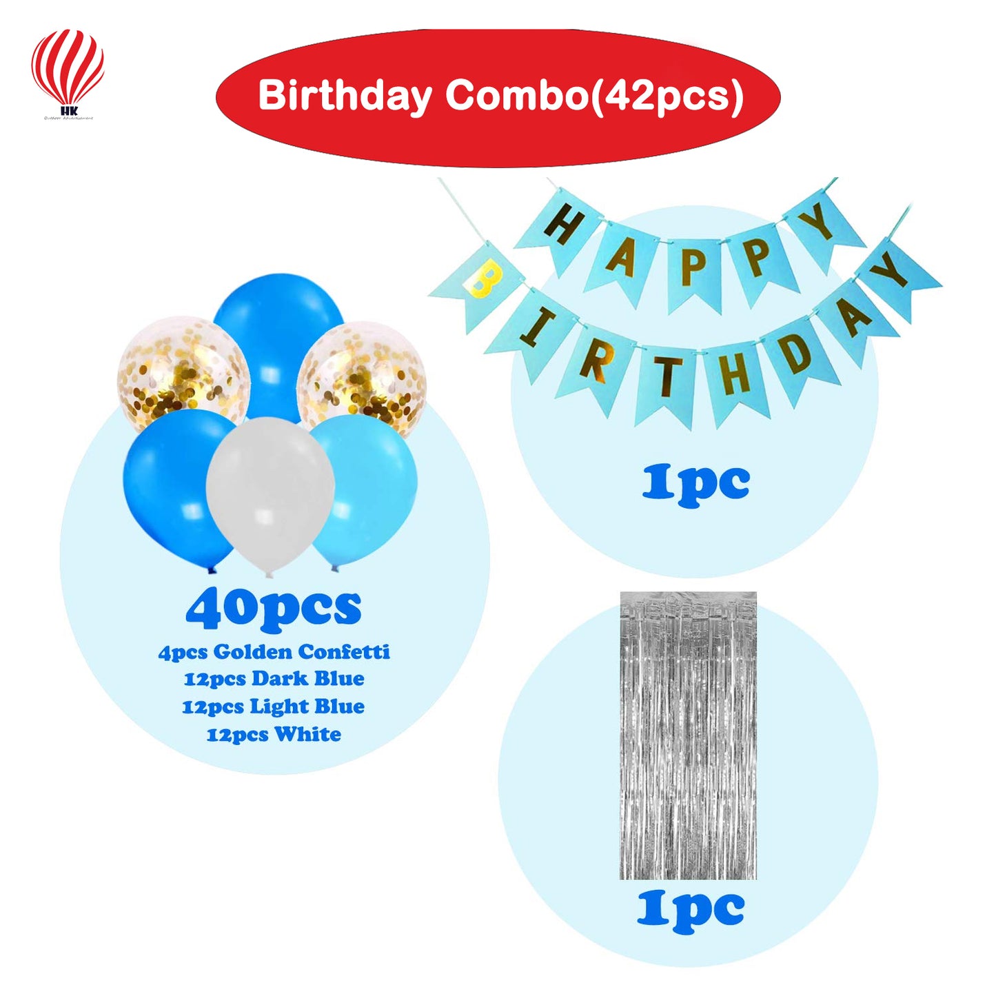 HK balloons Birthday Decorations kit for Boys - 42 Pcs Blue Happy Birthday Banner (cardstock) Silver Foil Curtain Metallic Rubber Confetti Balloons for Boys Adult Husband / Birthday Decoration