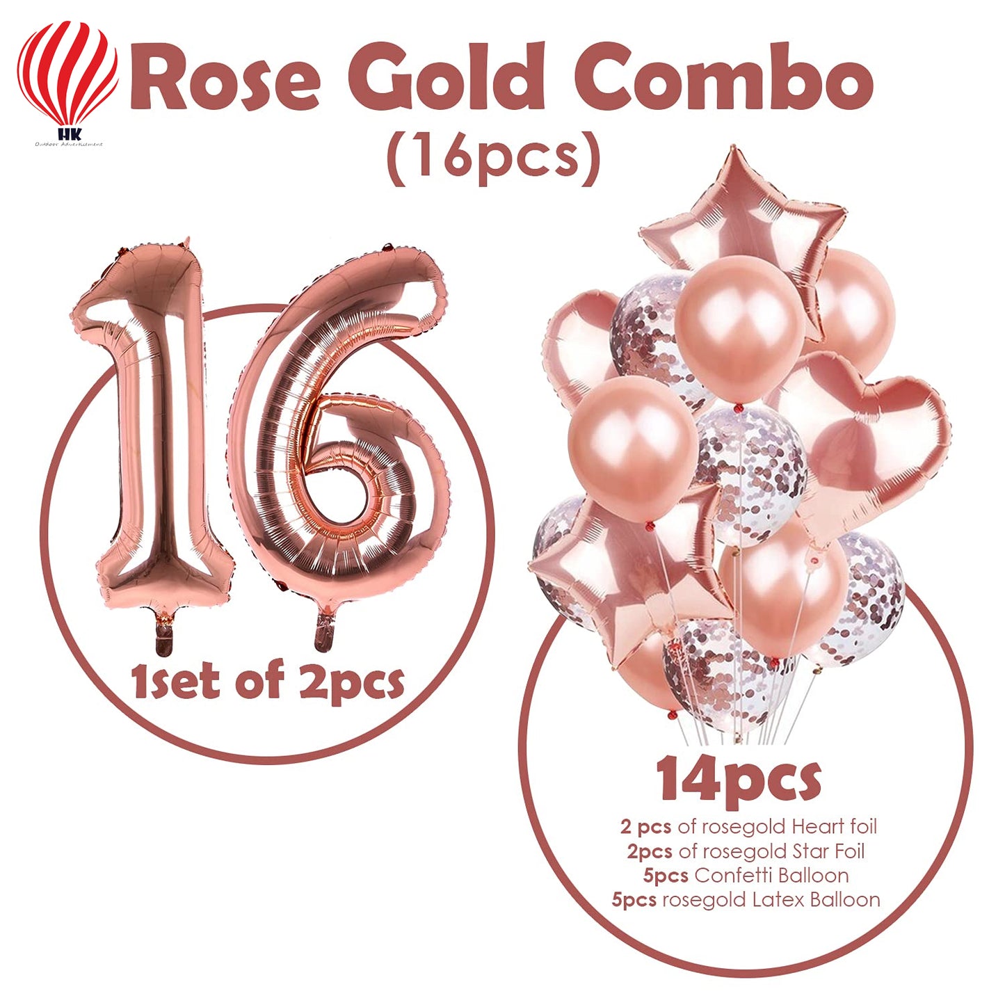 HK balloons 16 Birthday Decoration For Girls - 6 Number, Confetti, Star & Heart Foil Balloons & Metallic Balloon Combo Set | Birthday Decoration Items 16 Year Girl | Sweet 16 Birthday Decoration