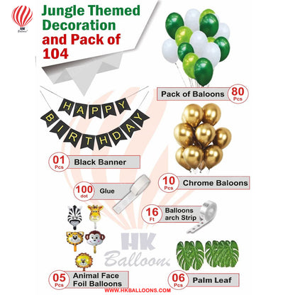 HK Balloons Jungle Animal Forest Theme Birthday Party Decorations Item Kit for boys- 104 Pcs Combo - Animal Face Shape Foil, Chrome Rubber Balloons - Jungle Theme Birthday Decoration Set