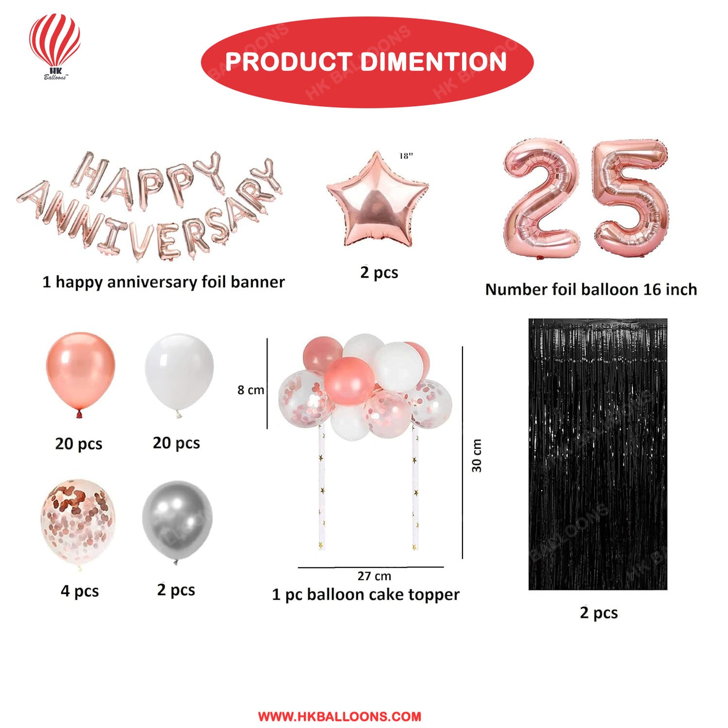 HK balloons 25 Anniversary Decoration Items Happy 25th Anniversary Decoration Kit with Balloon Cake Topper Black Foil Curtain Photo Shoot Backdrop (Pack of 54, Rose Gold & Black)