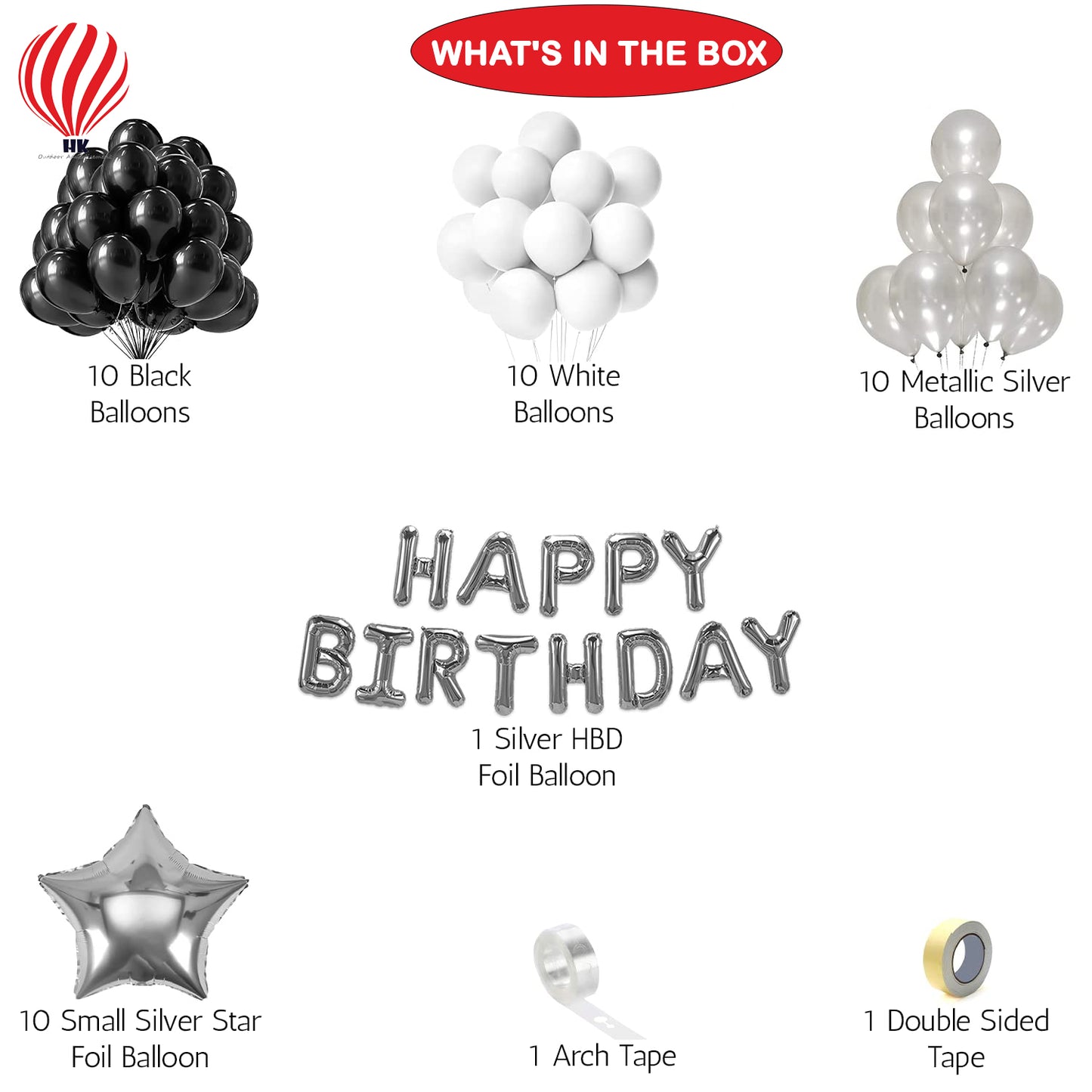 HK balloons Black & White Birthday Decoration items with silver star foil balloons