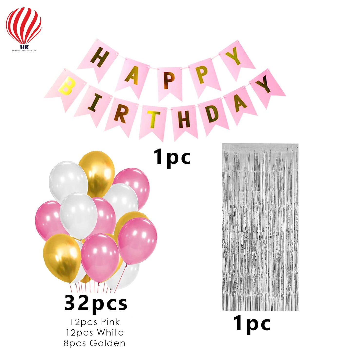 HK balloons Happy Birthday Decorations For Girls - 34 Pcs Pink Happy Birthday Decoration For Girls|Pink And Golden Balloons For Birthday Decoration|Happy Birthday Bunting|Foil Curtain For Girls, Women