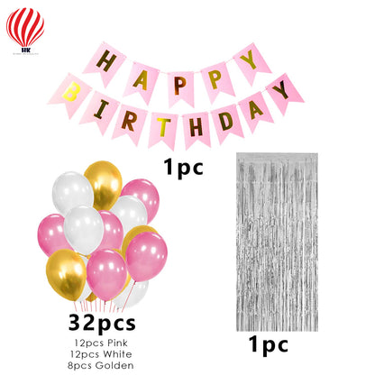 HK balloons Happy Birthday Decorations For Girls - 34 Pcs Pink Happy Birthday Decoration For Girls|Pink And Golden Balloons For Birthday Decoration|Happy Birthday Bunting|Foil Curtain For Girls, Women