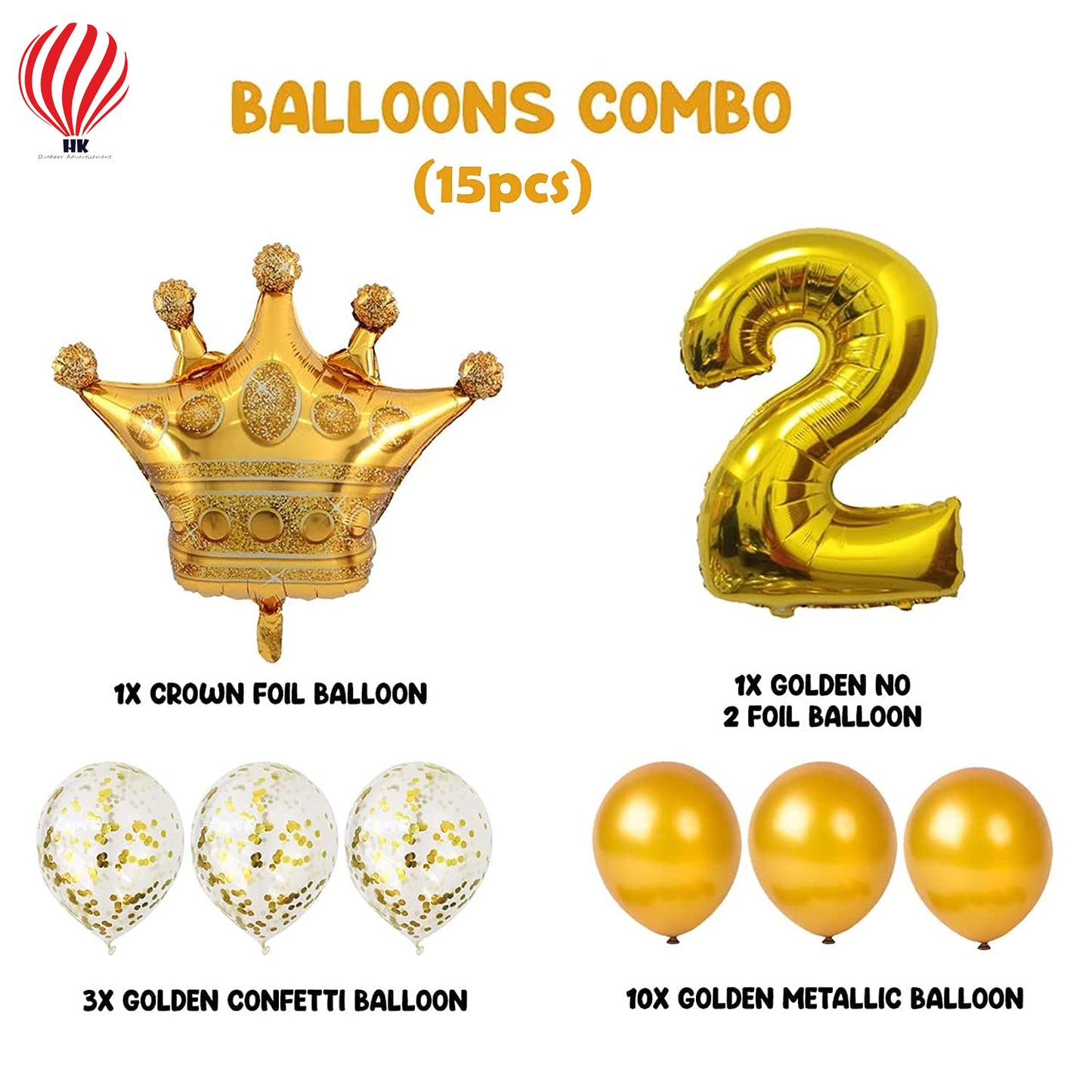 HK balloons 2nd Birthday Decoration Items For -15Pcs golden No. 2 Foil Balloon, Gold Crown Foil Balloon, Confetti & Metallic - Bithday.Party Decorations For Girl/ 2nd Birthday Decorations