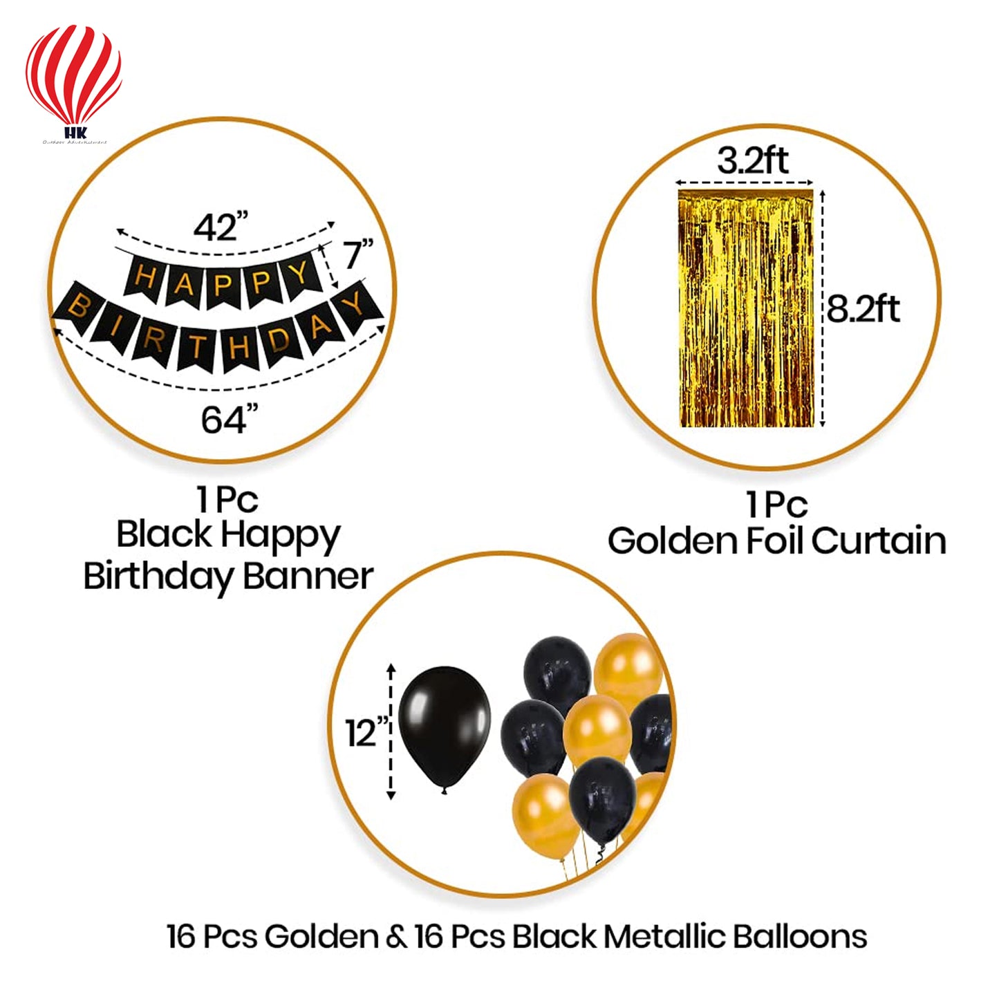 HK balloons Happy Birthday Decoration Items - Pack of 34, Birthday Decorations Kit | Black and Gold Balloons for Birthday Decoration | Birthday Decorations for Husband | Birthday Decoration for Adults