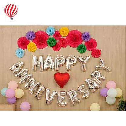 HK balloons Happy Anniversary Letter Foil Balloons- for Party Decorations (16 inches,Silver)