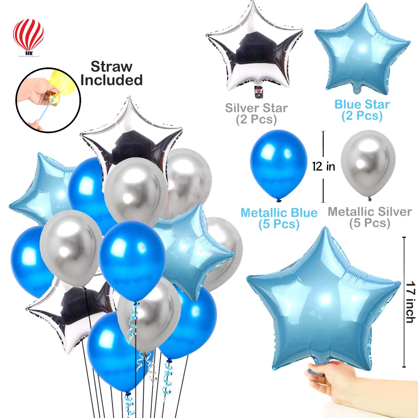 HK balloons Happy Birthday Decorations for Boys - Silver Foil Banner (cardstock), Blue Foil Curtain,Star Foil Balloons, Metallic Balloons, Decoration Items for Birthday 17Pcs