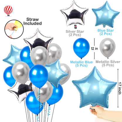 HK balloons Happy Birthday Decorations for Boys - Silver Foil Banner (cardstock), Blue Foil Curtain,Star Foil Balloons, Metallic Balloons, Decoration Items for Birthday 17Pcs