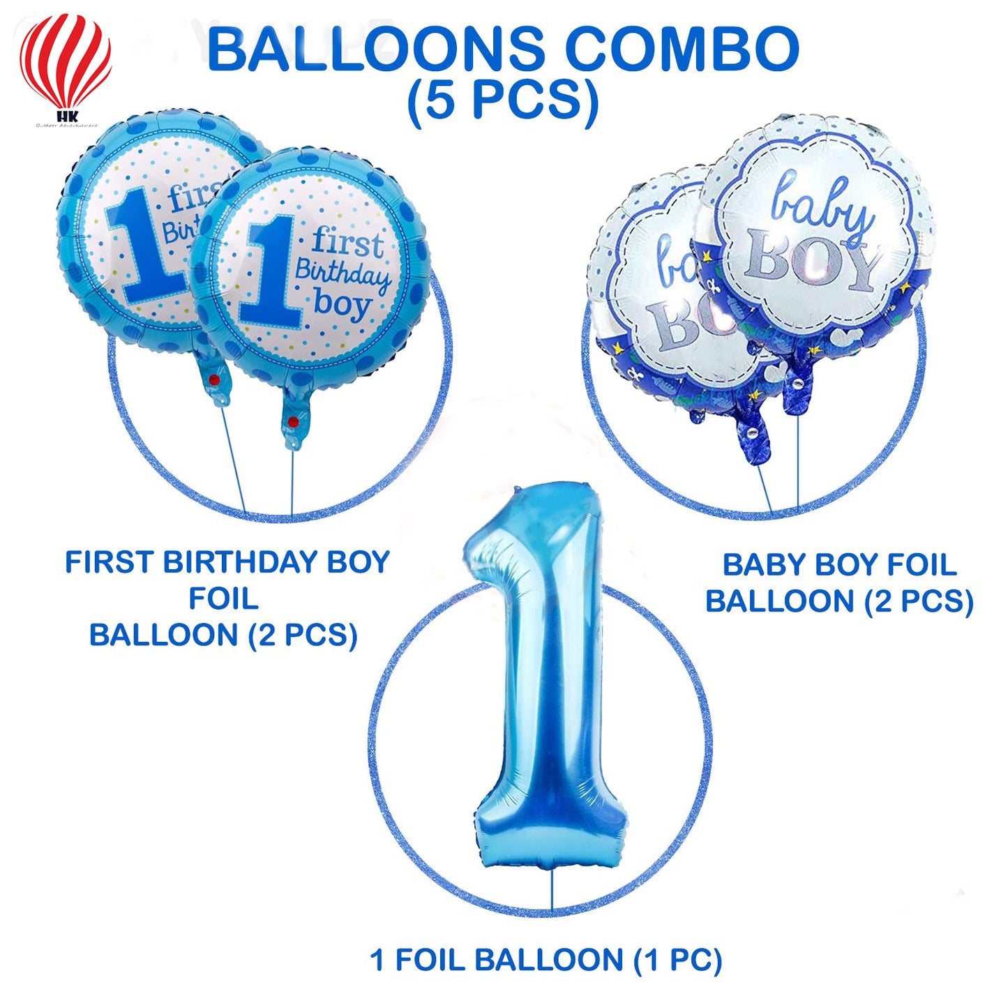 HK balloons 1st Birthday Balloons Decoration For Baby Boy - 5Pcs(Rubber, Blue)