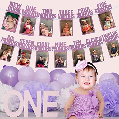 HK balloons 1-12 month frame photo banner for first birthday Baby Photo Frame 0 to 12 Months Banner Monthly Milestone Photo Bunting with Front Side Photo Space for First Birthday Party Decoration