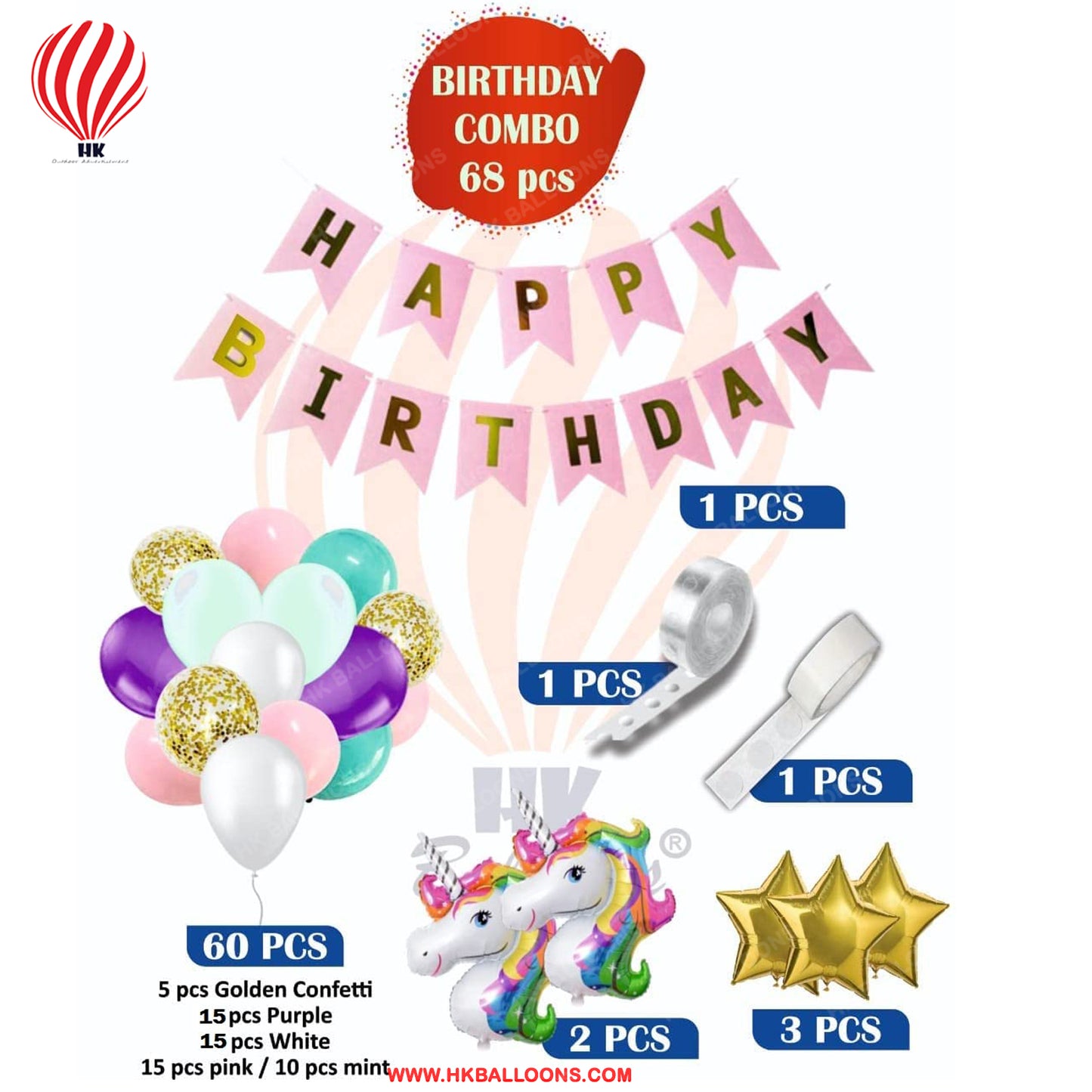 HK Balloons Pack of 68 Pcs Unicorn Theme Birthday Decorations Items Combo Set Kit with Happy Birthday banner , Unicorn Foil balloons, Metallic Balloons Happy Birthday Decoration Kit for Girls