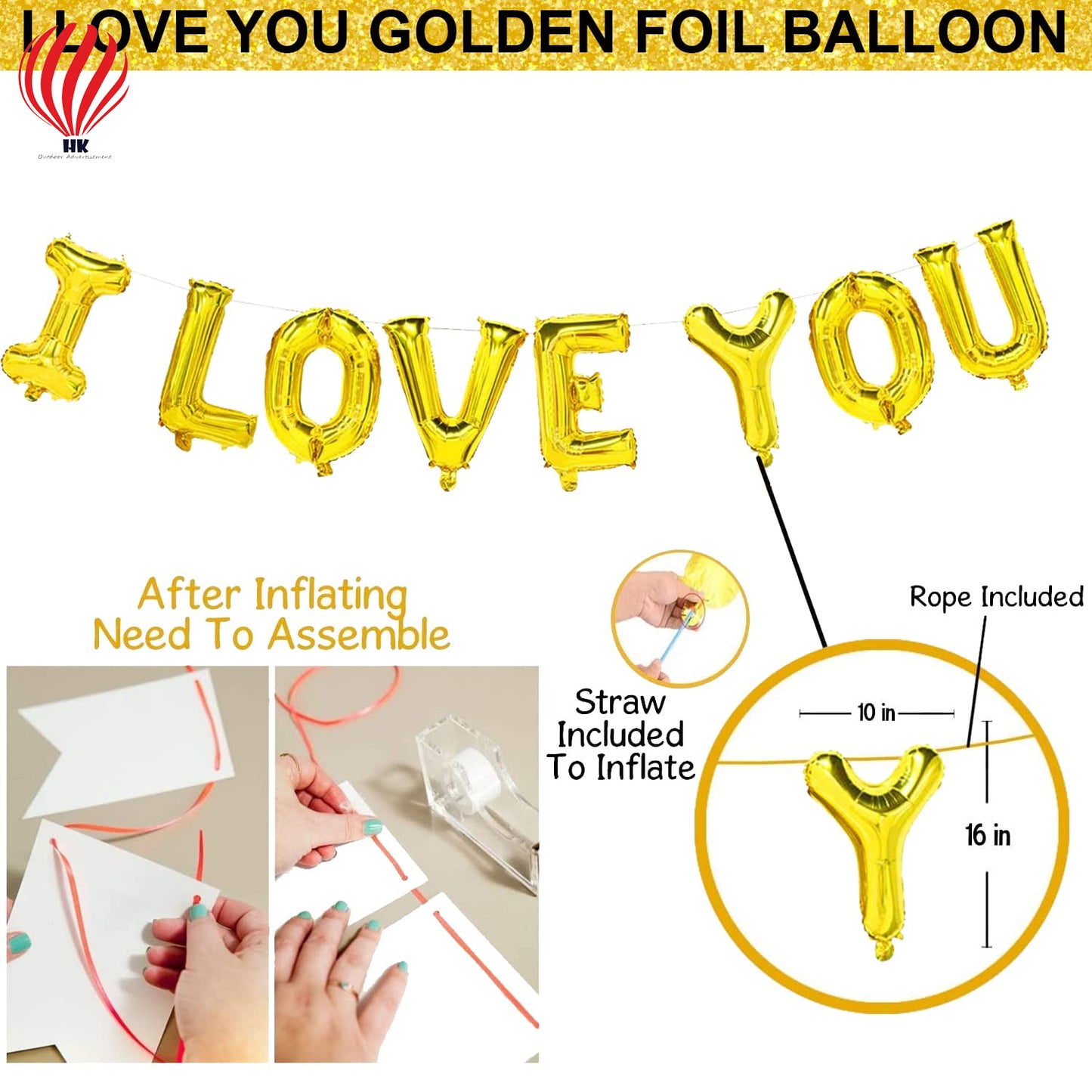 HK balloons ' I LOVE YOU" 16 inches Gold letter foil balloons for Birthday, Anniversary, Valentine Balloons for Decoration, (I Love You-Gold Letter Foil balloon)