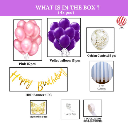 HK balloons Pack of 48 Pcs Butterfly Birthday Decoration Item Purple Birthday Decoration Set For Girls Backdrop Decoration Kit Birthday Decorations for Women With White Cloth Curtain & Gold Confetti