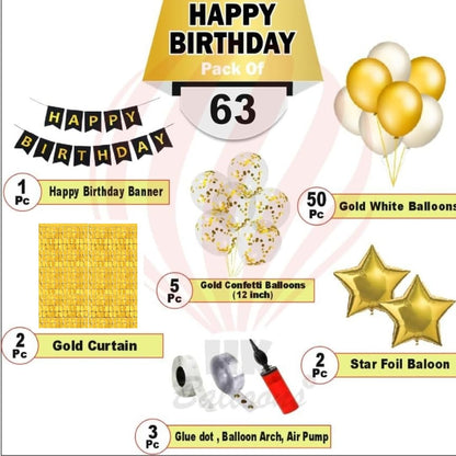 HK balloons 63 pcs set birthday decoration items set Happy Birthday Banner balloon arch set with confetti balloon pump and square curtains Birthday Decorations Kit For Golden Themed Boy Girl husband