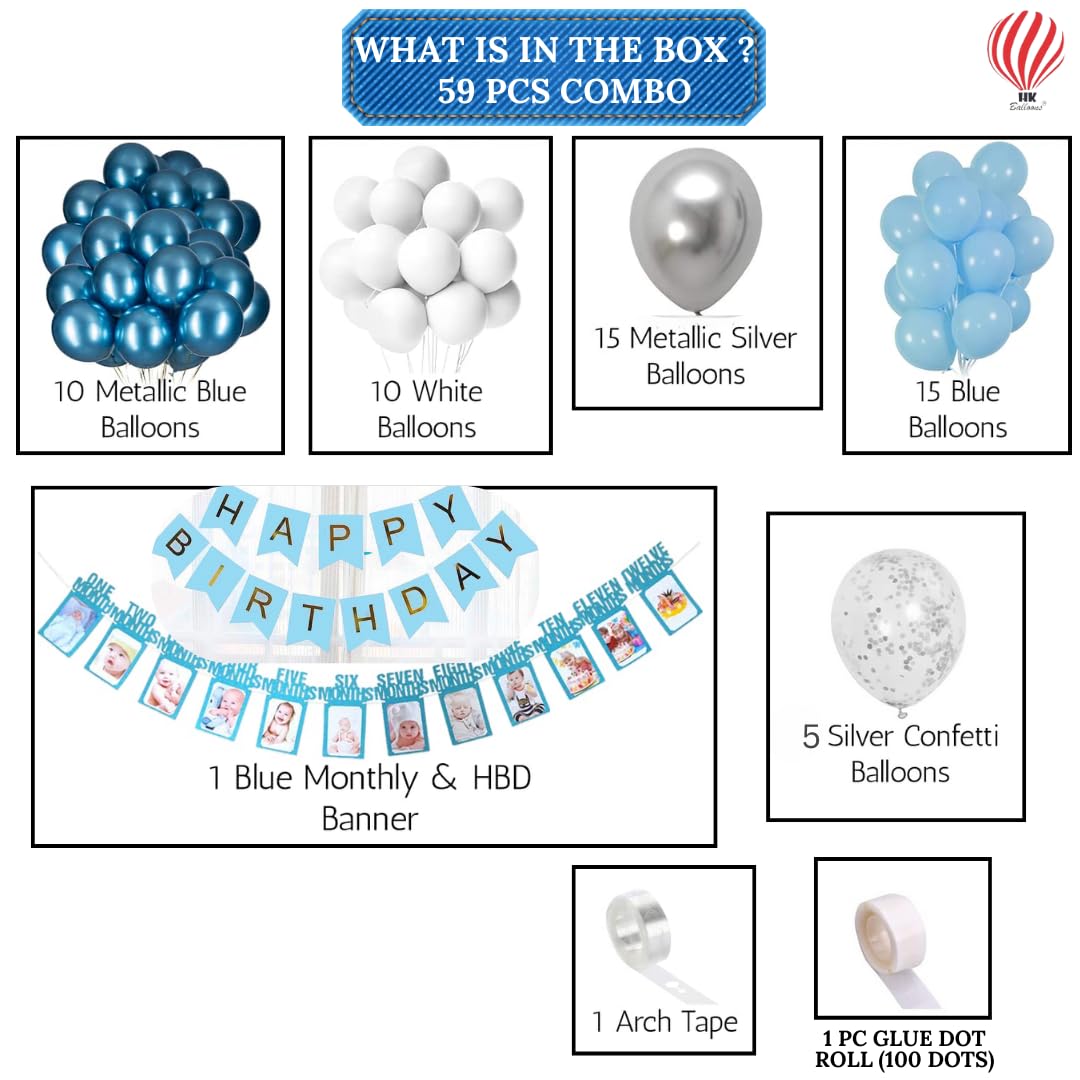 HK balloons  59 Pcs 1St Happy Birthday Combo Set for Birthday Decoration With Silver Confetti , Birthday Party Supplies Blue-Themed Birthday Celebration.