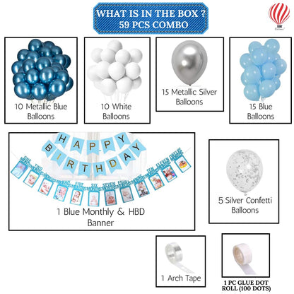 HK balloons  59 Pcs 1St Happy Birthday Combo Set for Birthday Decoration With Silver Confetti , Birthday Party Supplies Blue-Themed Birthday Celebration.