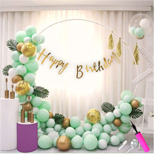 HK Balloons 62 pc Mint Green Birthday Decoration Item Kit Set Green Gold Balloons Combo with Birthday Banner, balloon Arch stirp , Glue Dot, Balloon Pump for boys Kids Baby Birthday Decorations