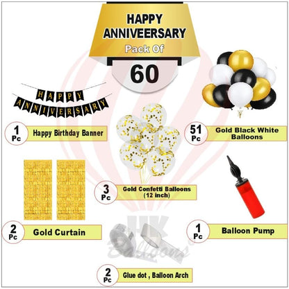 HK balloons 60 pcs Anniversary decoration Item Happy Anniversary Banner balloon arch decoration set with confetti balloon pump and square curatains Anniversary Kit Set Comob