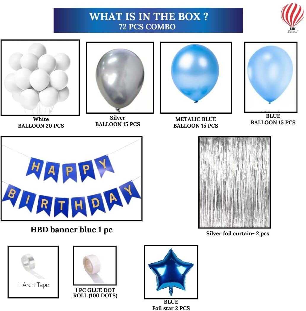 HK balloons Pack of 72 Boys Birthday Balloons Party Decorations Set with Curtains metallic balloons and banner for husband boys birthday decorations