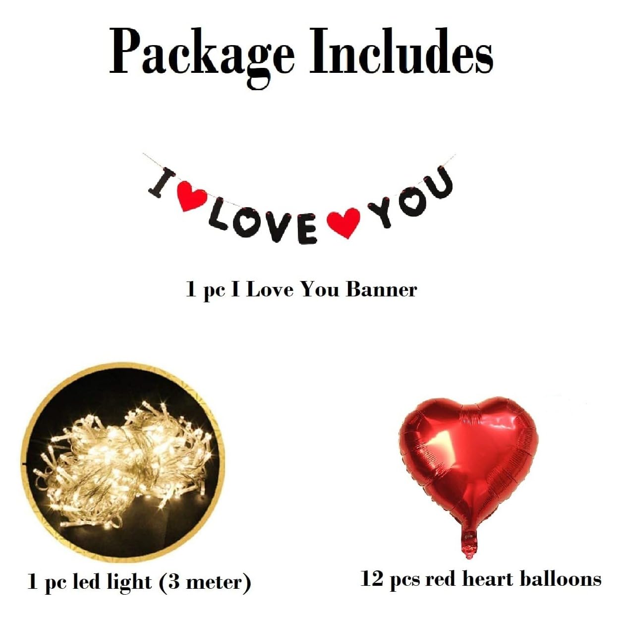 HK Balloons Pack of 14 I Love You Banner with LED Light and Heart Balloons - Perfect Valentine's Day Decorations anniversary decorations for husband wife couples