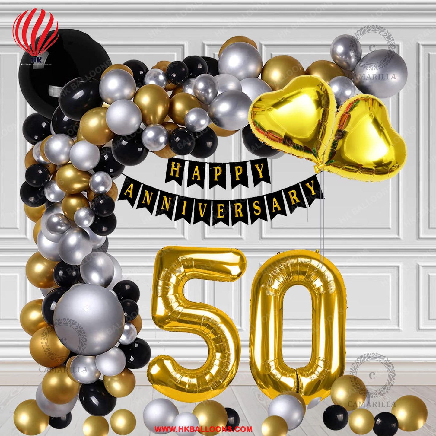 HK-balloons-50th Anniversary Decoration Items Kit for Home /Golden Jubilee Decor for Parents Couples /Happy Anniversary Bunting Banner, Golden and Silver Metallic Balloons, Heart Foil(Pack of 50pcs)