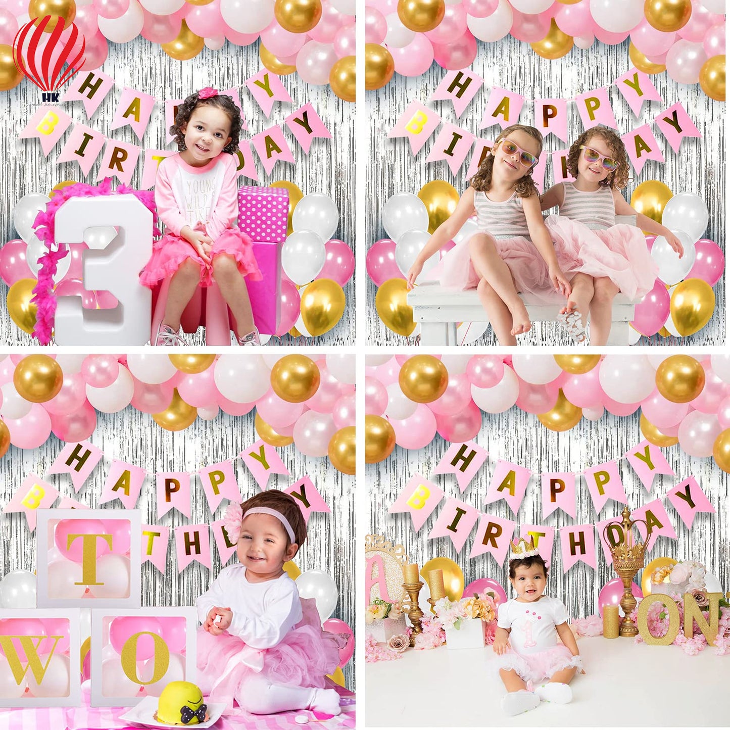 HK balloons Happy Birthday Decorations For Girls - 34 Pcs Pink Happy Birthday Decoration For Girls|Pink And Golden Balloons For Birthday Decoration|Happy Birthday Bunting|Foil Curtain For Girls, Women