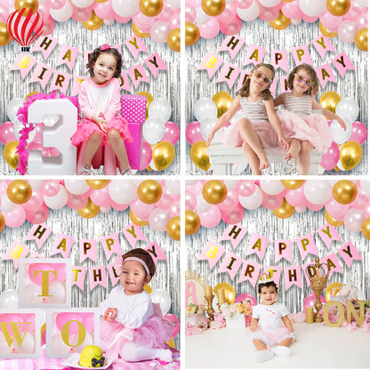 HK balloons Happy Birthday Decorations For Girls - 34 Pcs Pink Happy Birthday Decoration For Girls|Pink And Golden Balloons For Birthday Decoration|Happy Birthday Bunting|Foil Curtain For Girls, Women