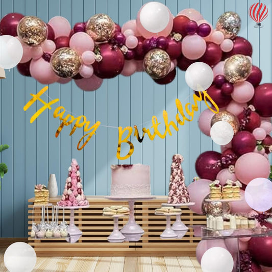 HK balloons 53 pcs Burgundy Balloons For Birthday Decoration Kit Item Combo For balloon arch decoration set ,Gold confetti & Chrome Ballundy Themed Birthday Decoration Set