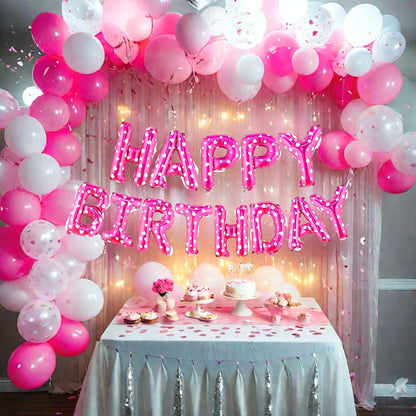 HK balloons 40 pcs Pink Birthday decoration Item Happy Birthday decoration set with Net Curtain For Boy Girl Husband Wife And Adults Birthday Decoration Kit Backdrop Theme