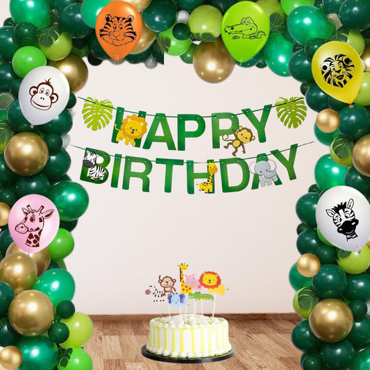 HK balloons Pack of 79 Pcs Jungle theme Birthday Party Decorations items For Forest Theme Happy Birthday Printed Animal Face balloons, Jungle Theme Birthday Decoration Items For Kids Boy & Girl