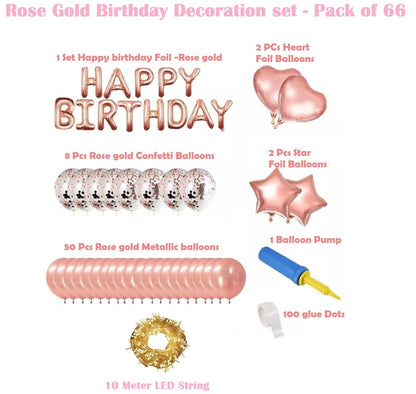 HK Balloons Pack of 66 Rose gold Happy Birthday Decoration Item Letter Foil Balloon Rose Gold Happy Birthday Decoration Kit For Birthday Decoration Boys, Kids, Girl, Husband, Wife, Girl Friend, Adult.