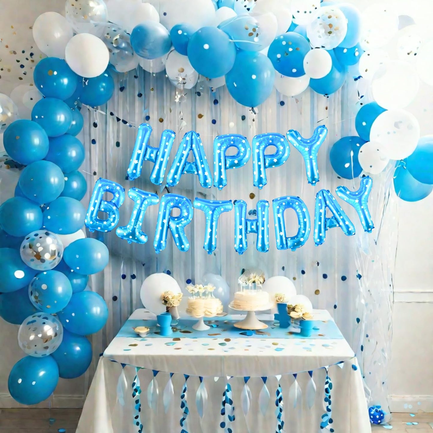 HK balloons 40 pcs Blue Birthday decoration Item Happy Birthday decoration set with Net Curtain For Boy Girl Husband Wife And Adults Birthday Decoration Kit Backdrop Theme